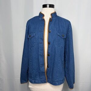 Talbots Womens Blue Denim Contrast Trim Mandarin Collar Chore Jacket Size M